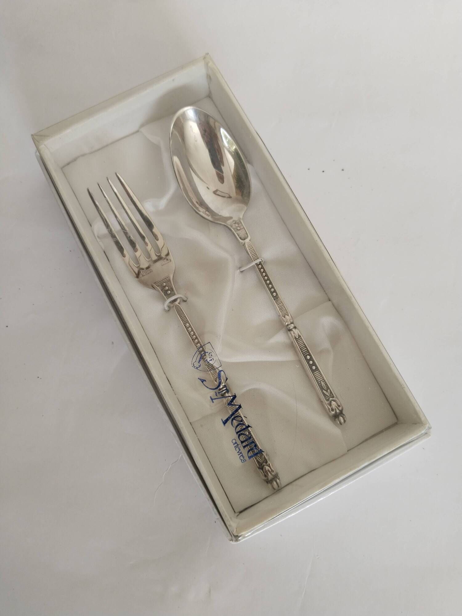 Children's silver cutlery, 1 fork and 1 spoon Saint Médard