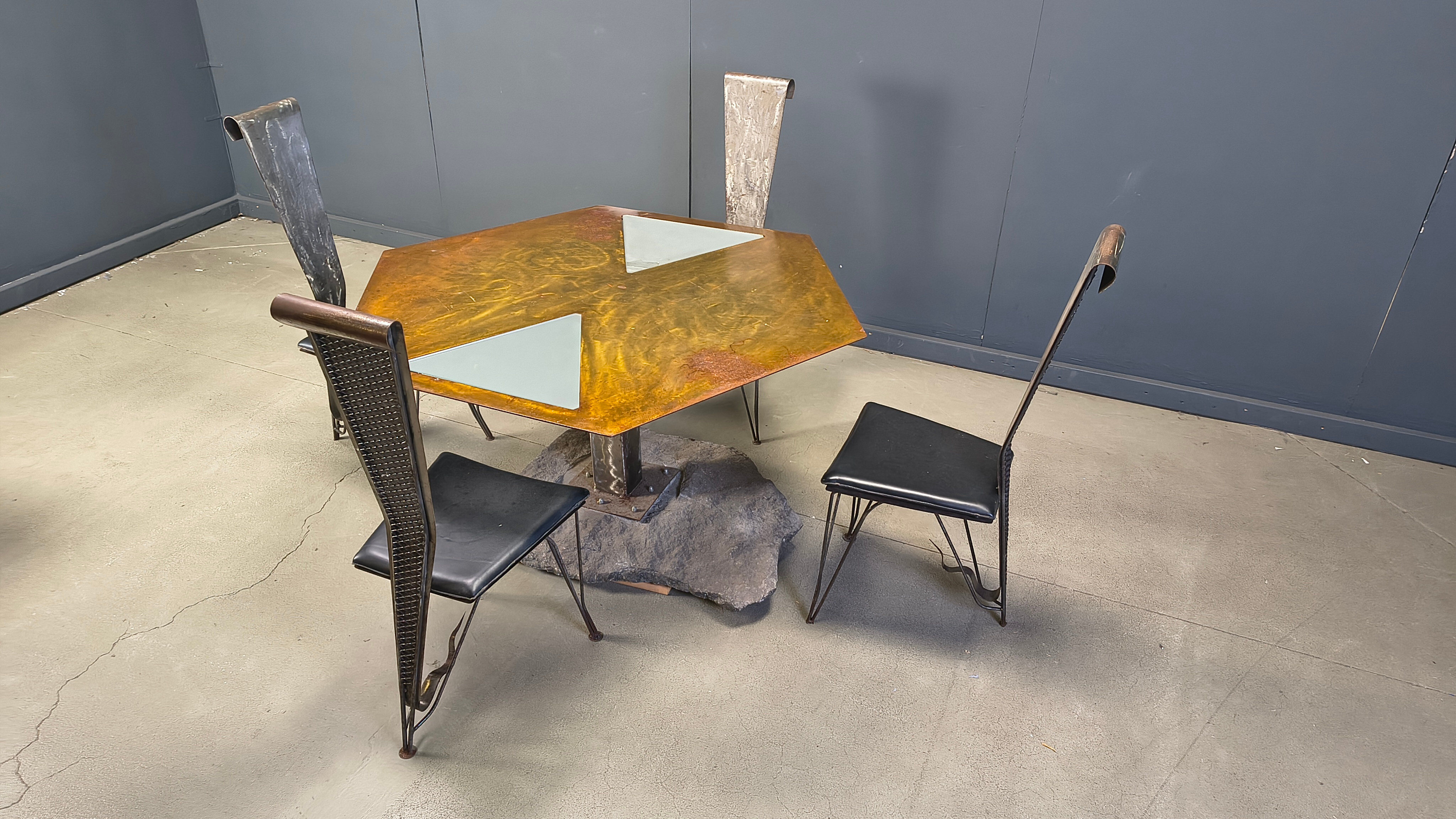 Hand crafted steel and stone dining set, 1970s