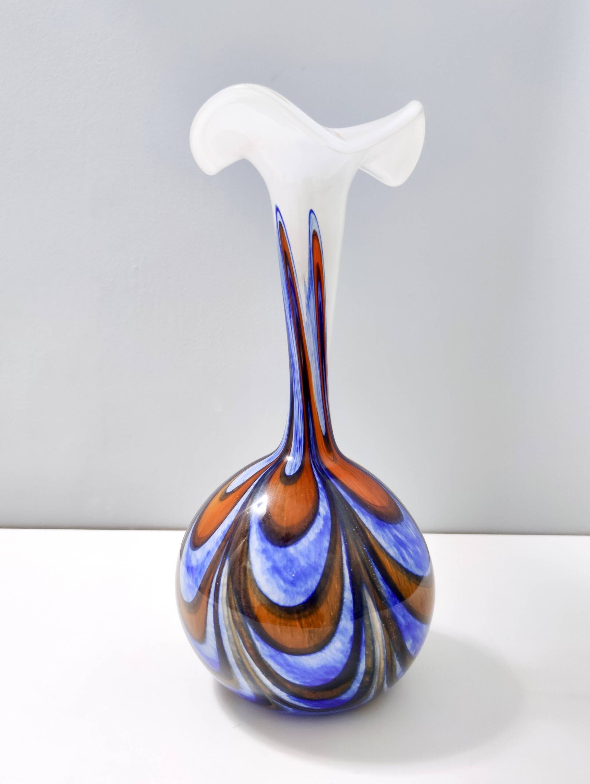 Large Orange, White and Blue Glass Vase by Opaline Florence, Italy
