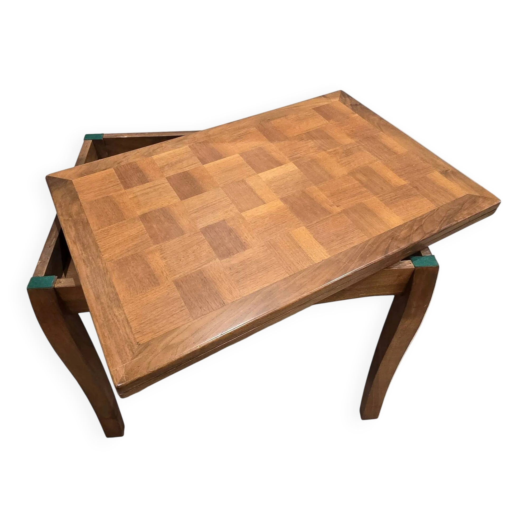 Table transformable vintage en bois de noyer et marqueterie