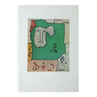 Estampe lithographique composition avec visage années 1960 par Gaston Chaissac