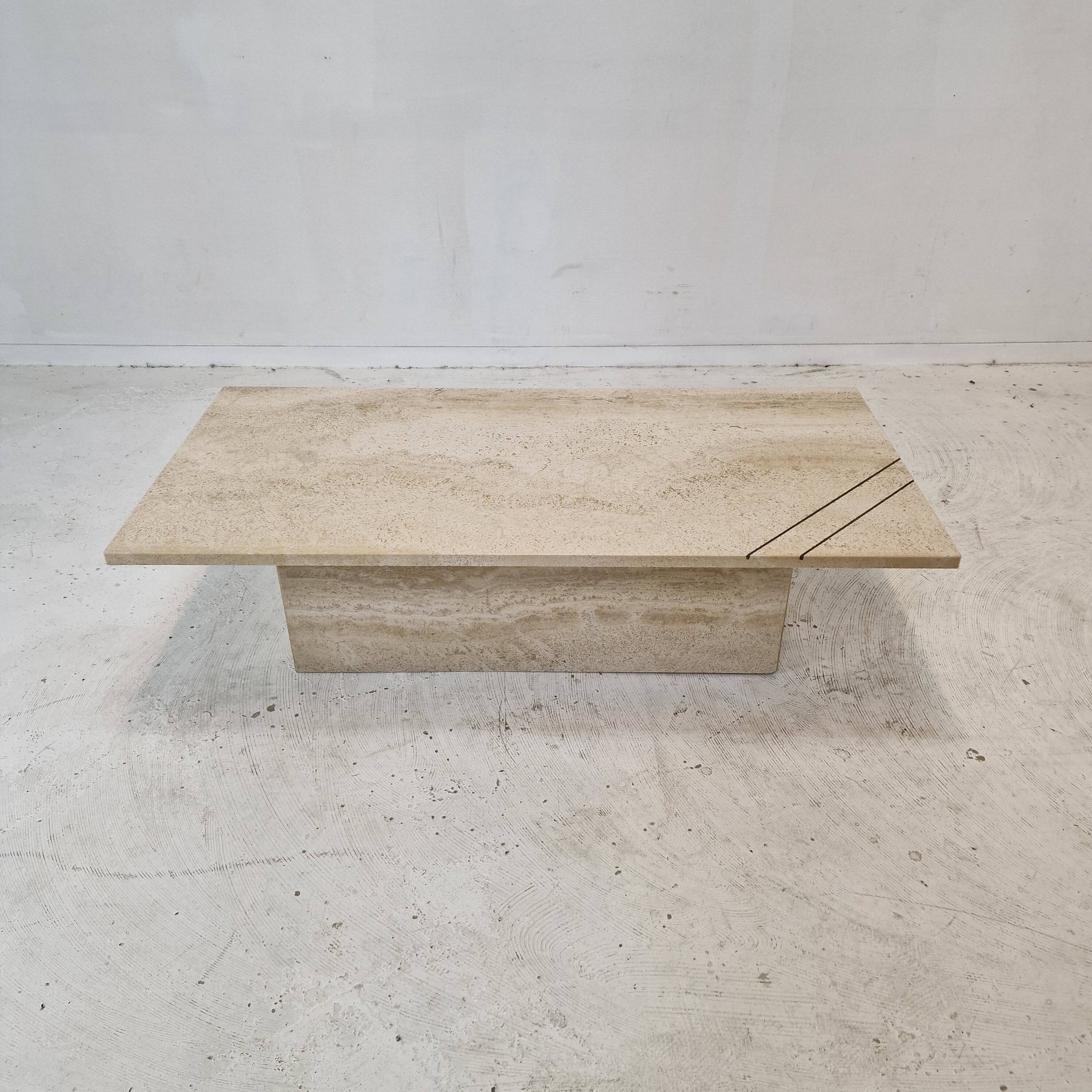 Rectangle Travertine Coffee or Side Table with Brass, Italy 1980s
