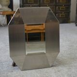 Miroir design en acier inoxydable brossé et chromé, verre biseauté 1970's
