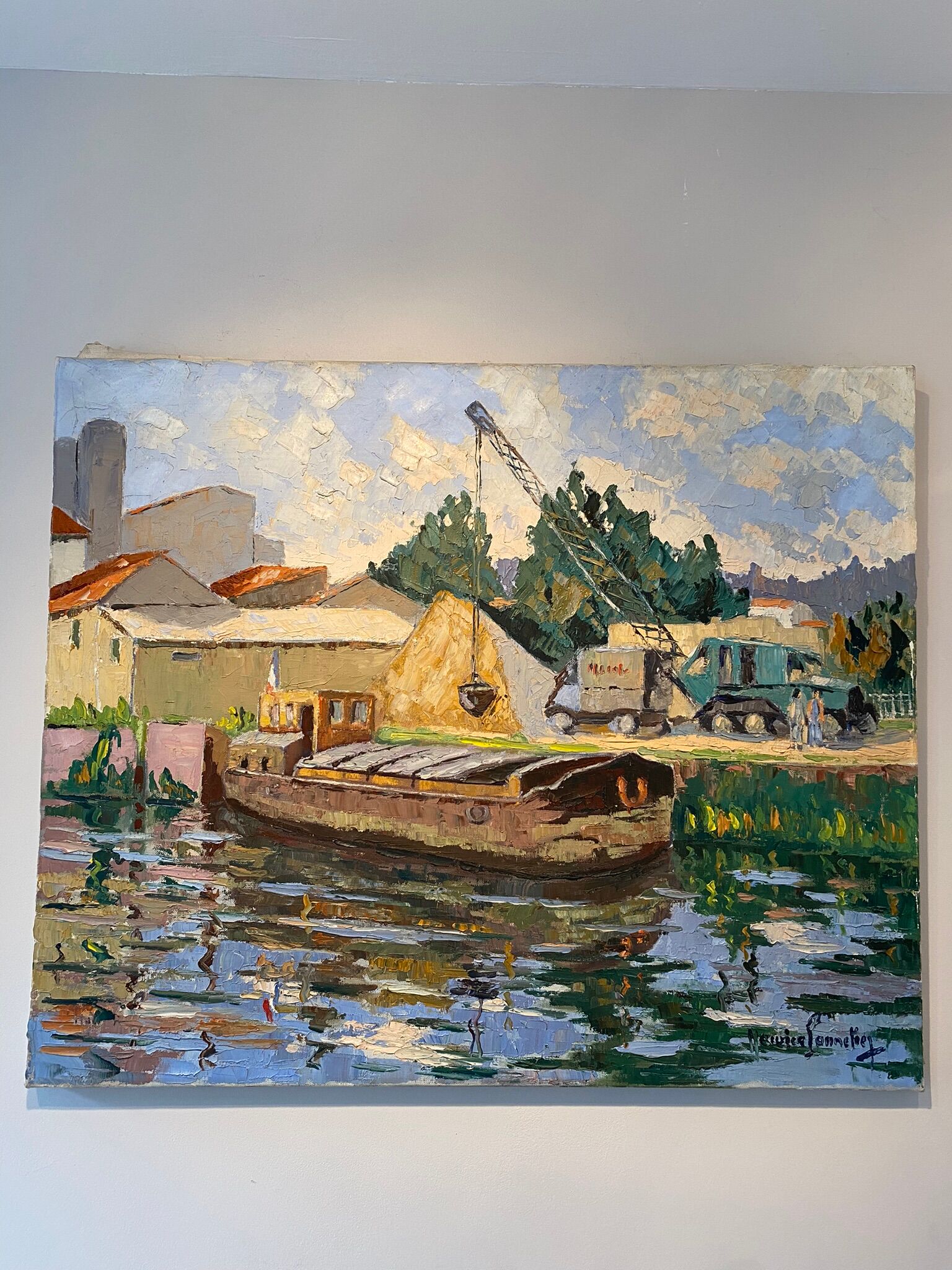 Tableau ancien, péniche à quai, signé Maurice Pannetier, années 70/80