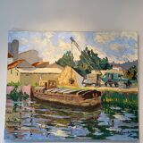 Old painting, barge at the dock, signed Maurice Pannetier, 70s/80s
