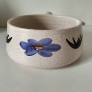 Large antique crackled ceramic fondue pot decorated with blue flowers