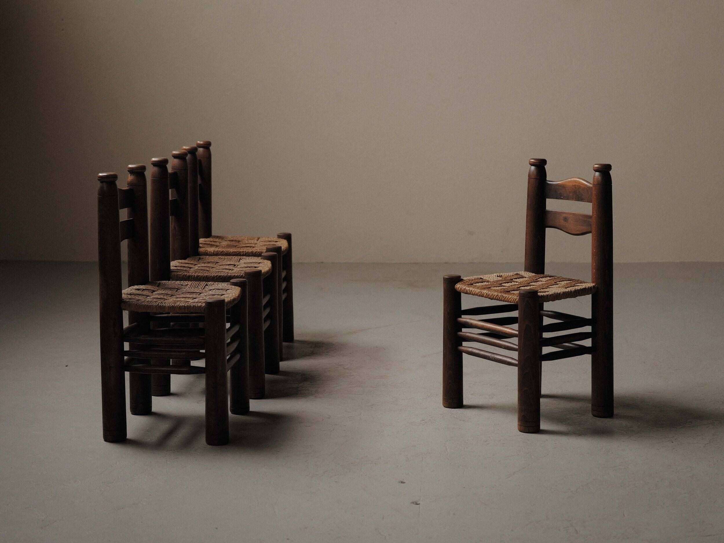 Set of 4 modernist chairs in beech and woven cord, France, circa 1940.