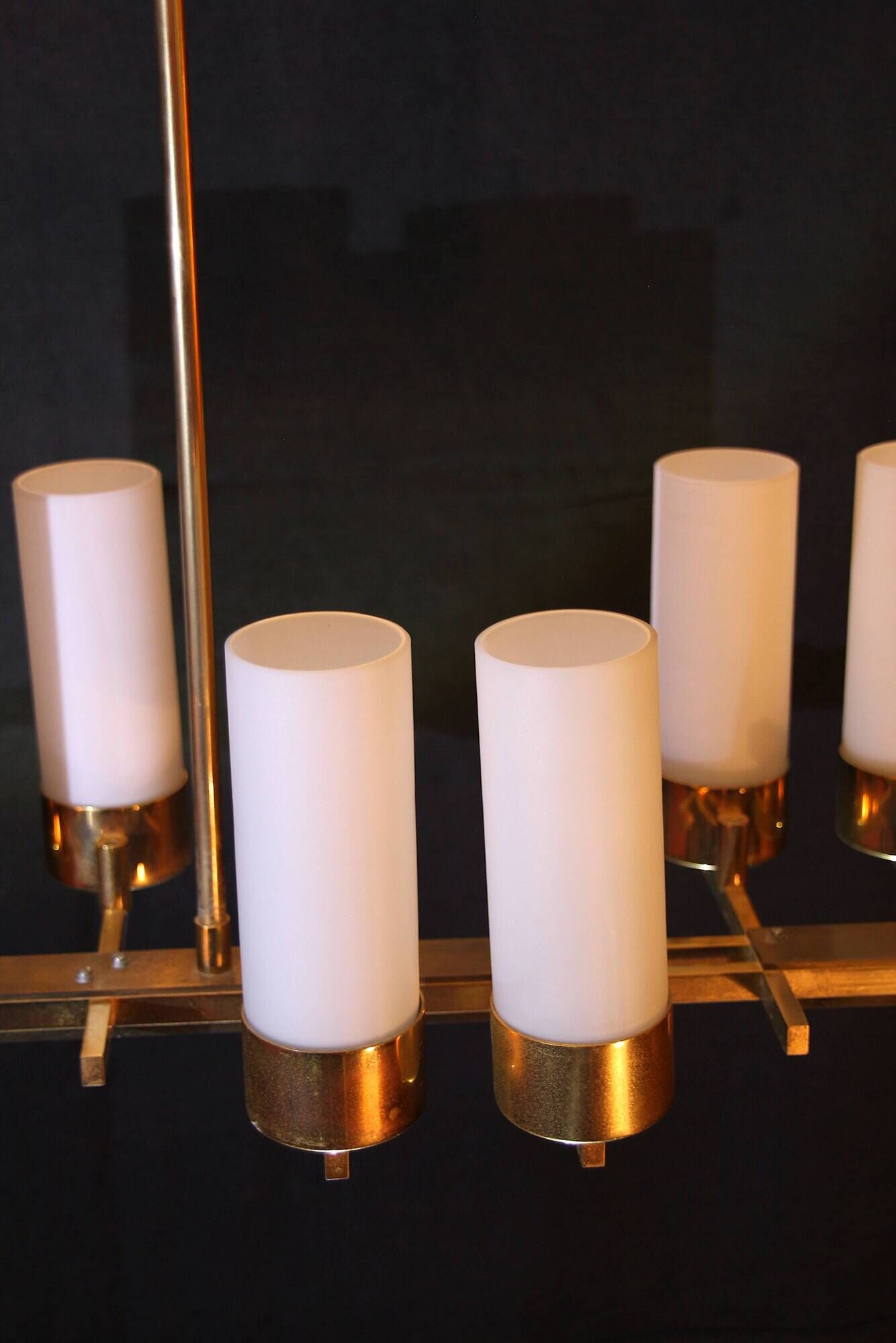 Mid-century, brass chandelier, height opalines, france