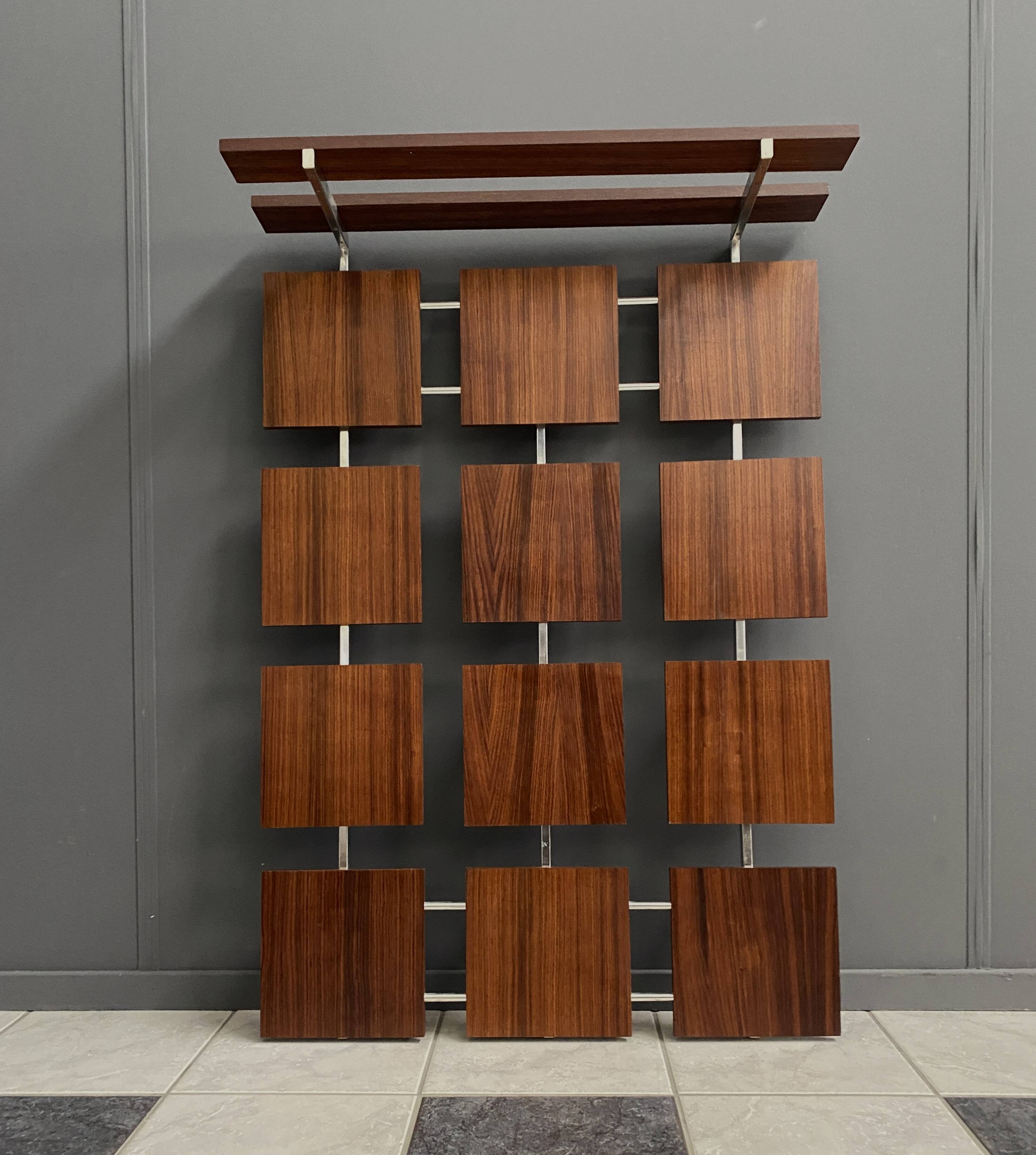 Coat rack wall unit in palisander wood veneer and chrome 1960s