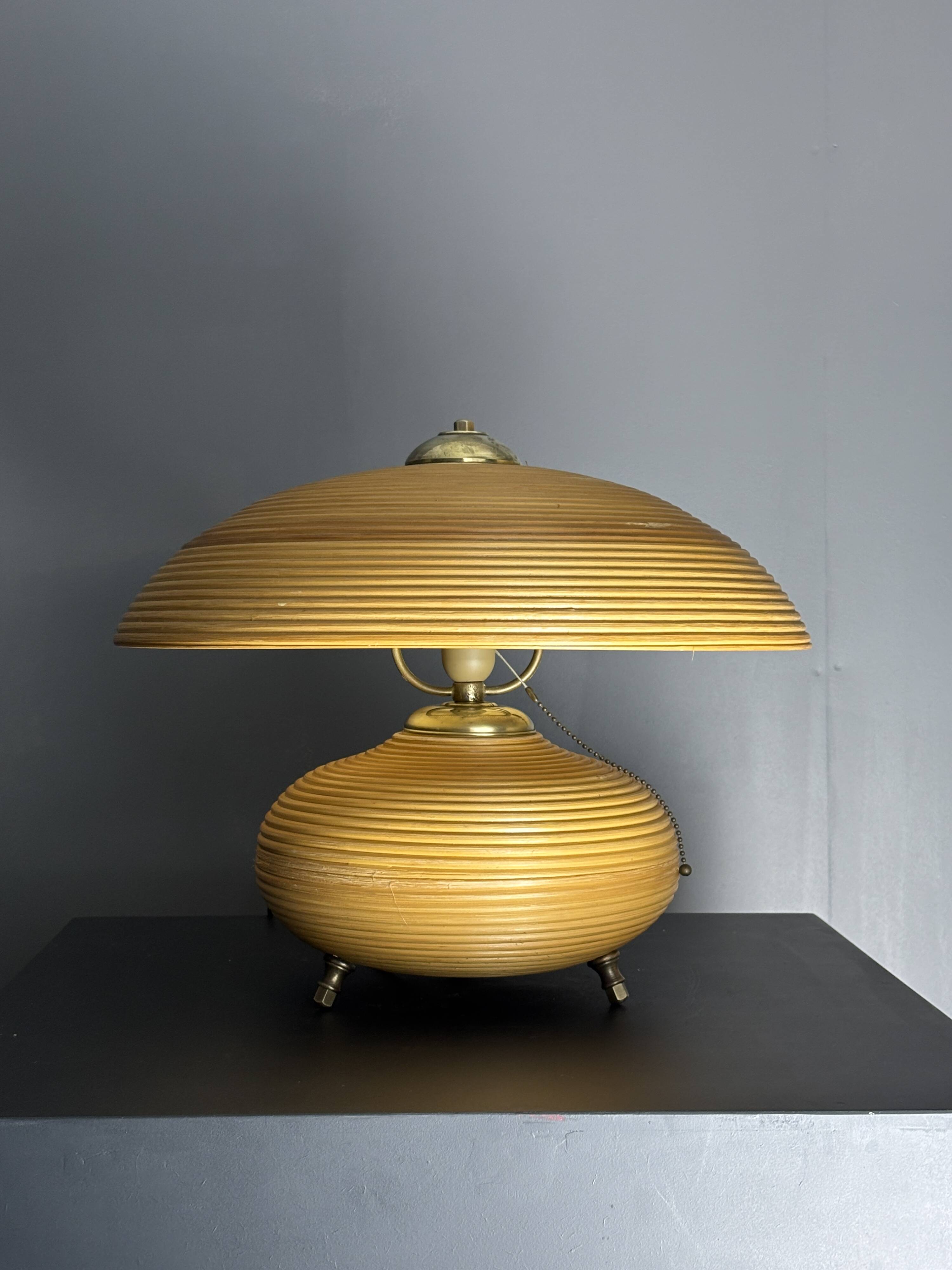 Pencil Reed Rattan Bamboo and Brass Mushroom Table Lamp, Italy, 1970s