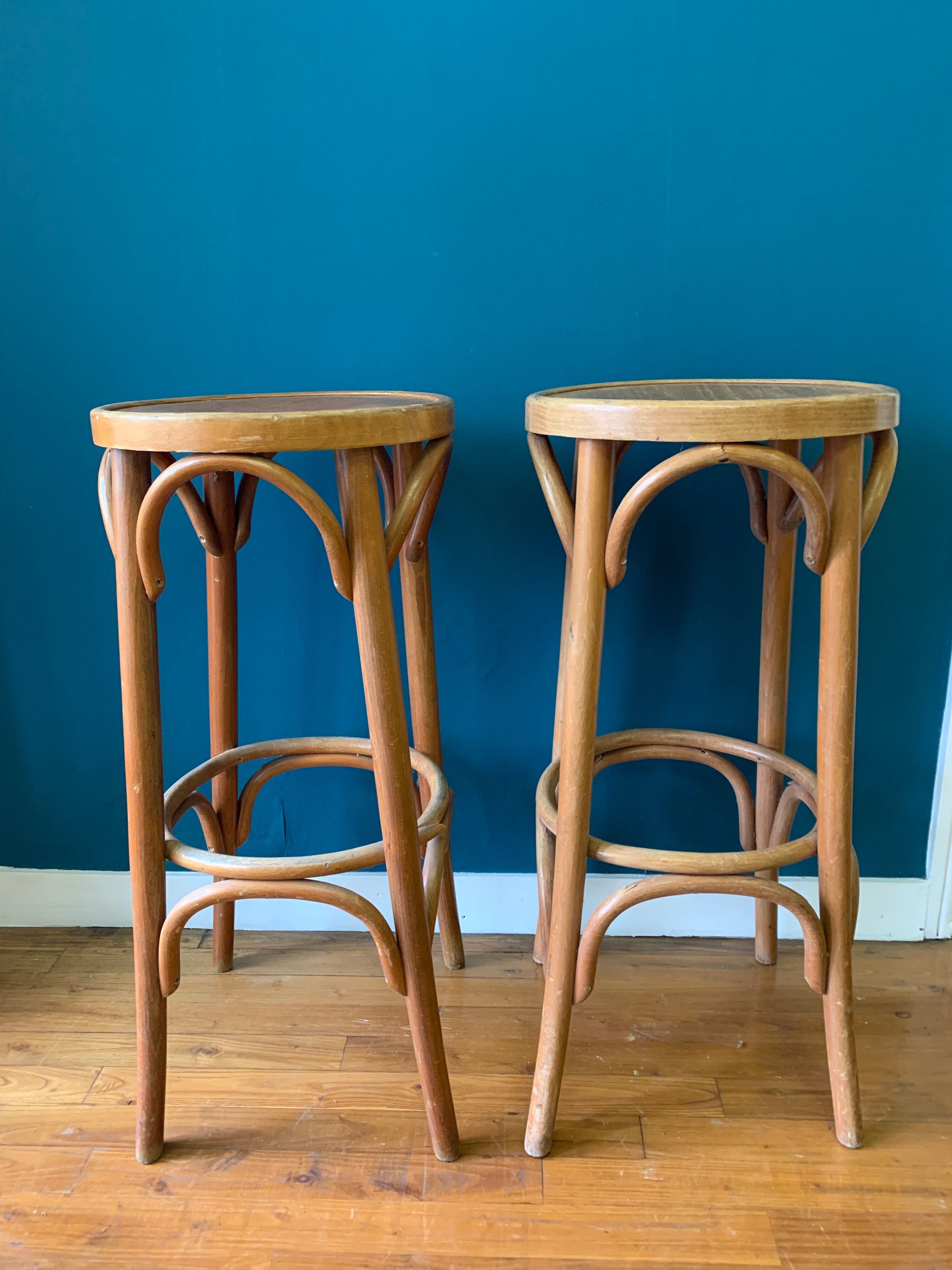 Pair of curved wooden bar stools