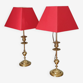 Duo de lampes en laiton abat-jour rouge