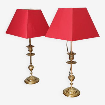 Duo of lamps in brass red lampshade