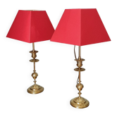 Duo of lamps in brass red lampshade