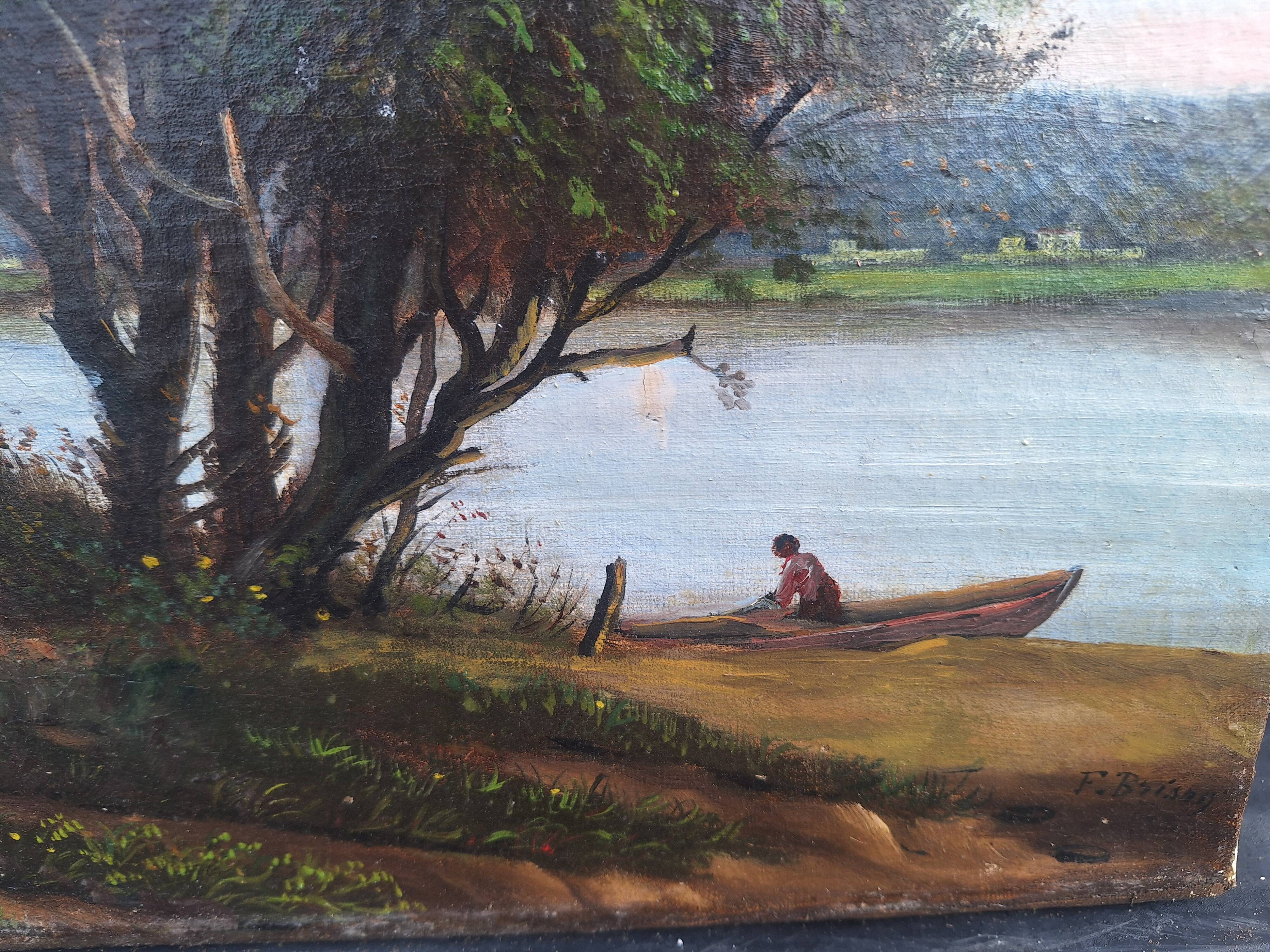 Oil on Canvas Signed F. Brison Tree and Boat by the Riverbank