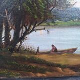 Oil on Canvas Signed F. Brison Tree and Boat by the Riverbank