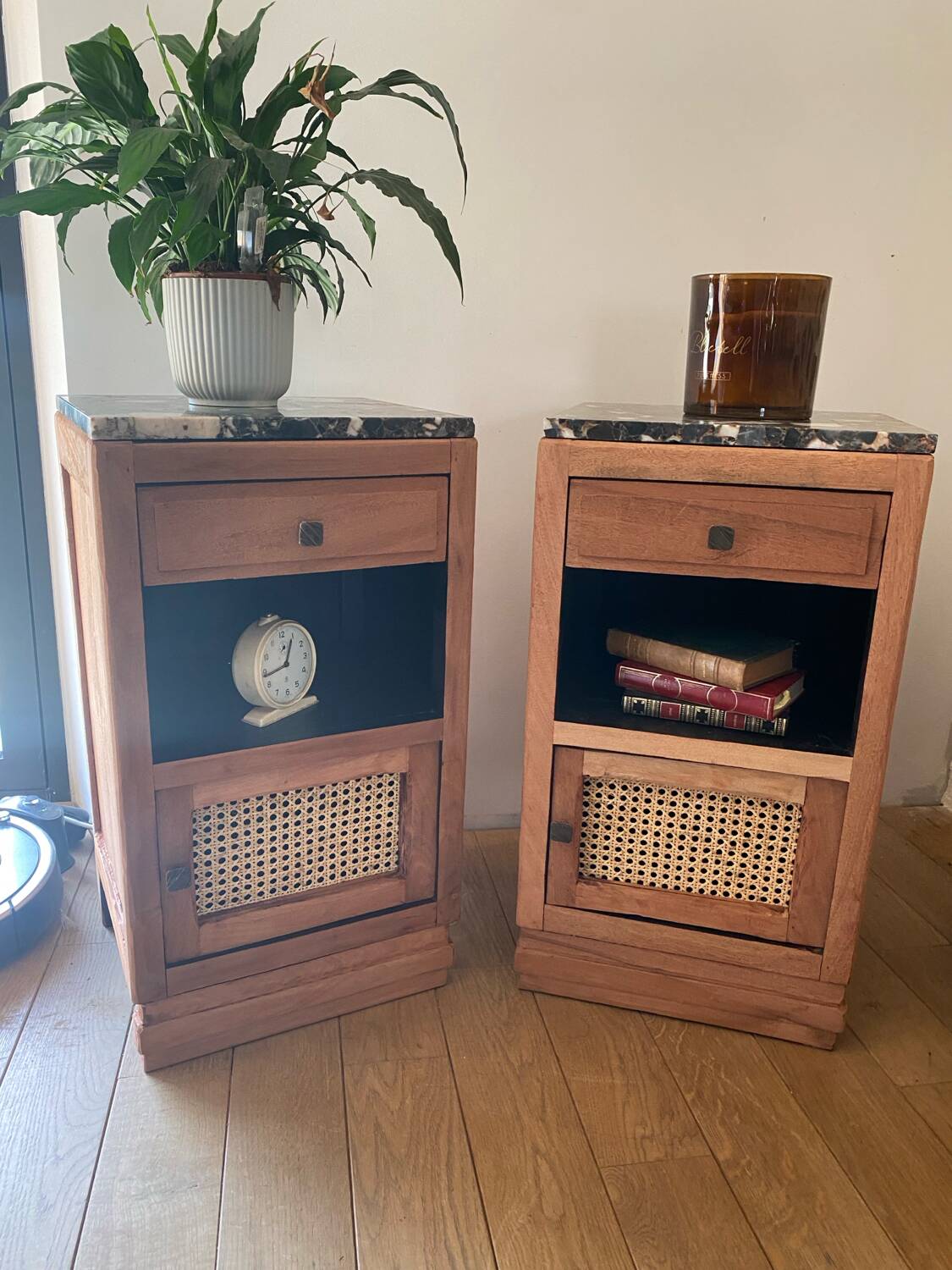Pair of solid wood cane bedside or nightstands