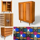 Rattan wardrobe and its compass-legged chest of drawers, 1960