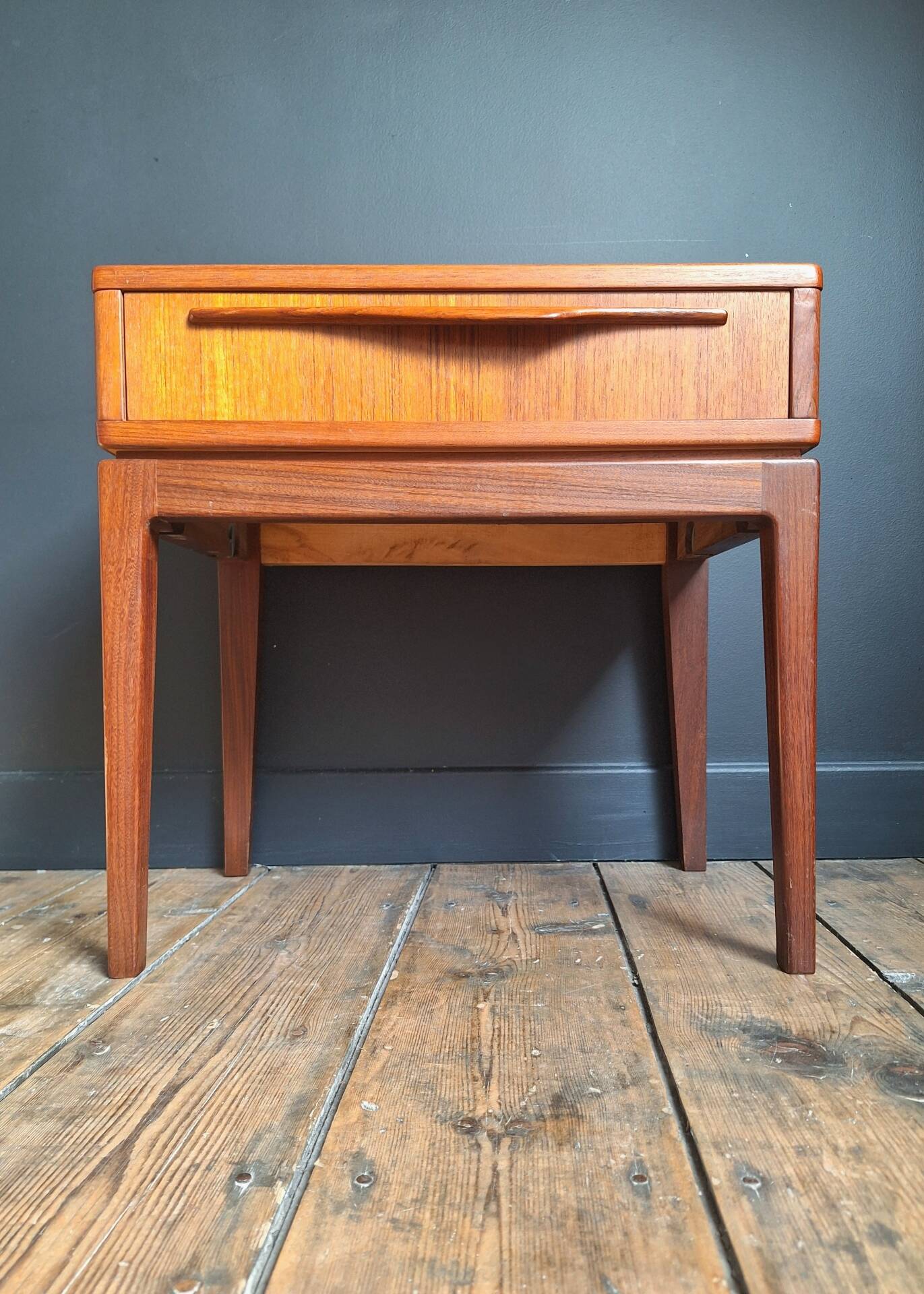 Vintage teak bedside table, Scandinavian design nightstand, accent furniture.