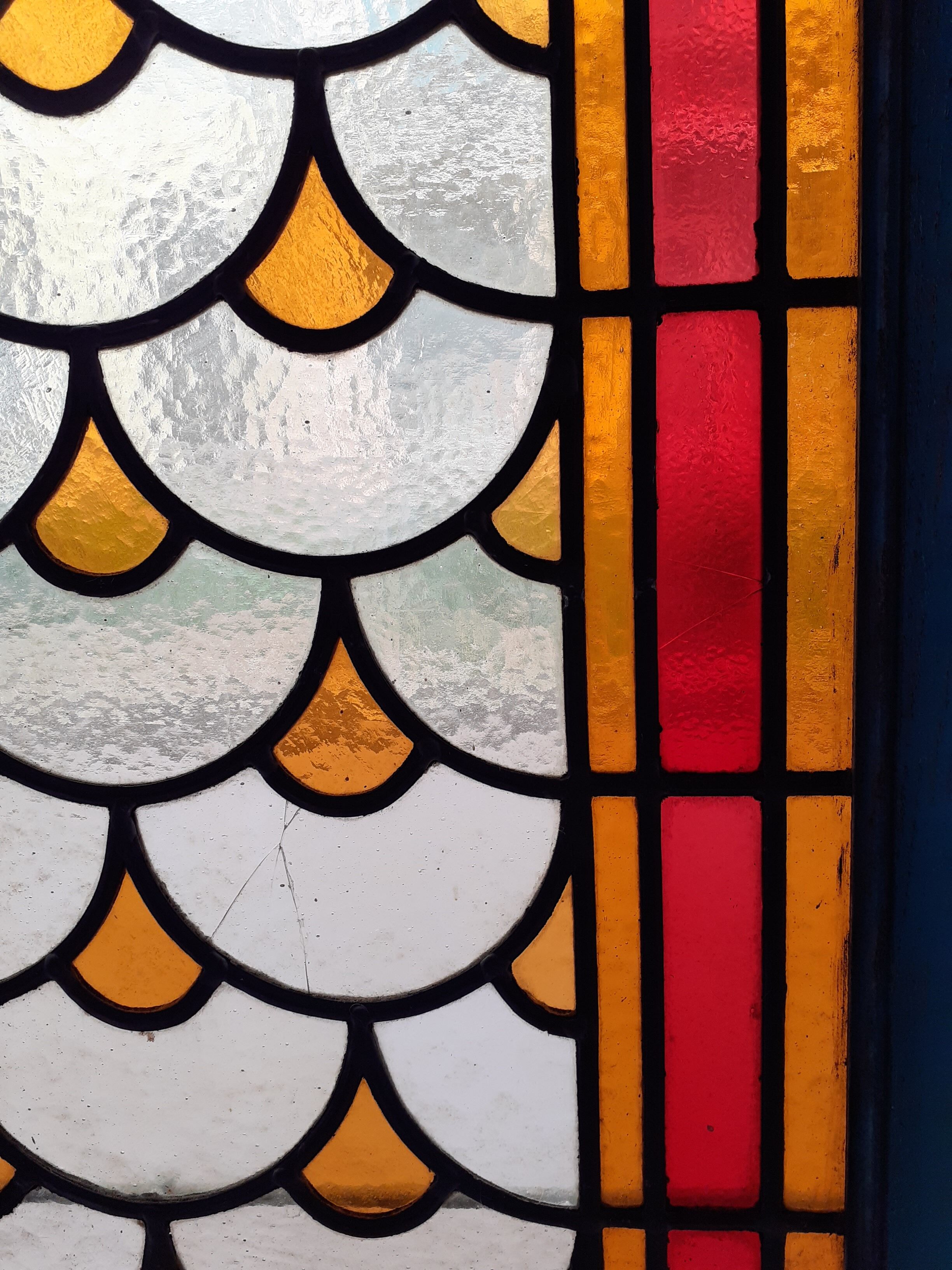 2 painted oak doors, stained glass interior
