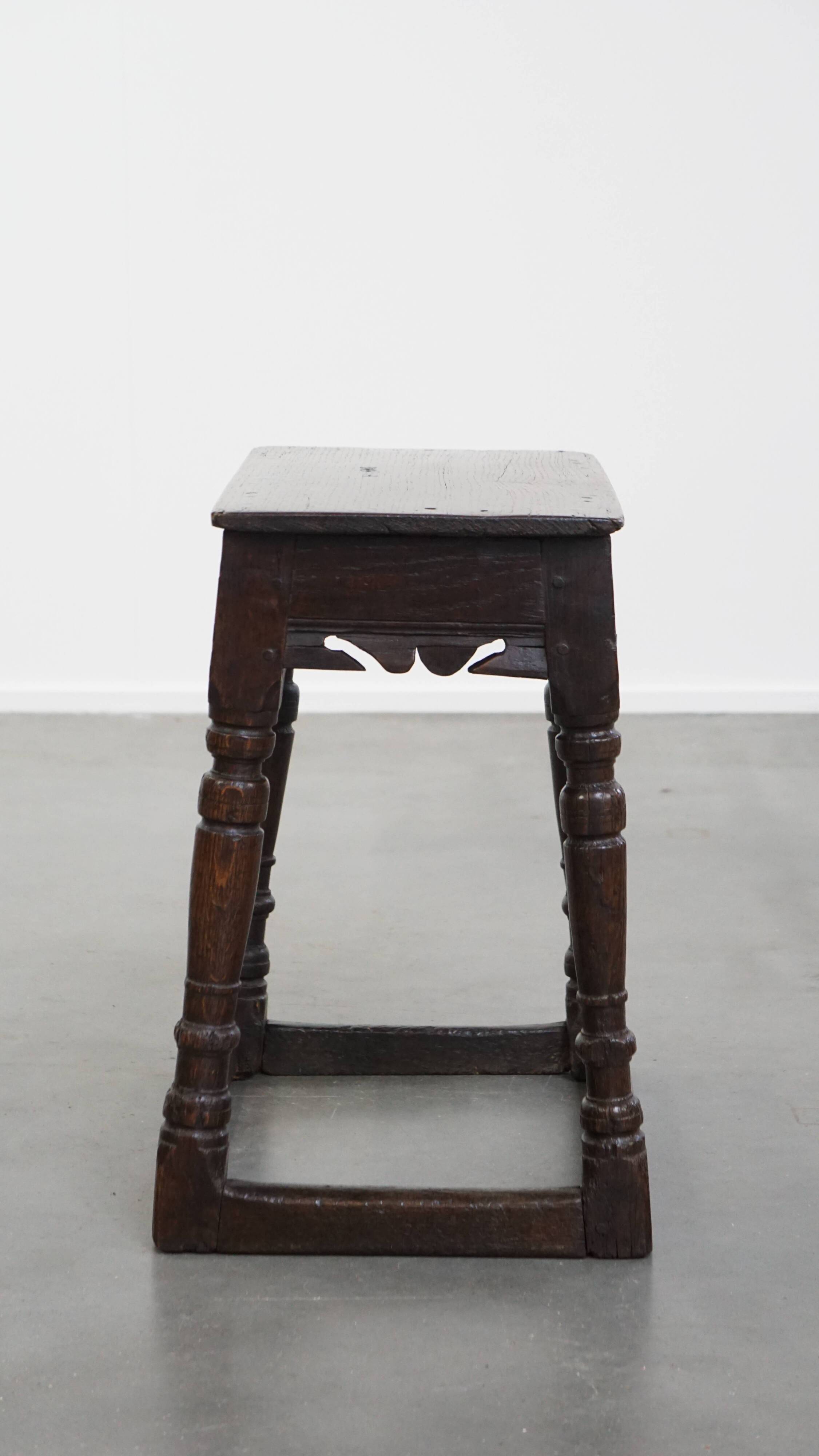 Signed Antique English Oak Joint Stool / Stool from the 17th Century