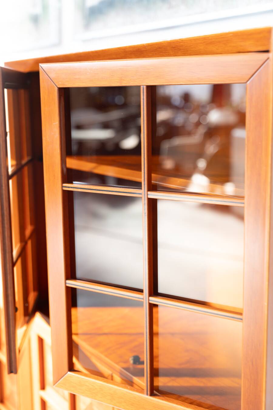 1970s Modular Corner Cabinet in Cherrywood with Glass and Carved Doors – “Fox Hunt” Design