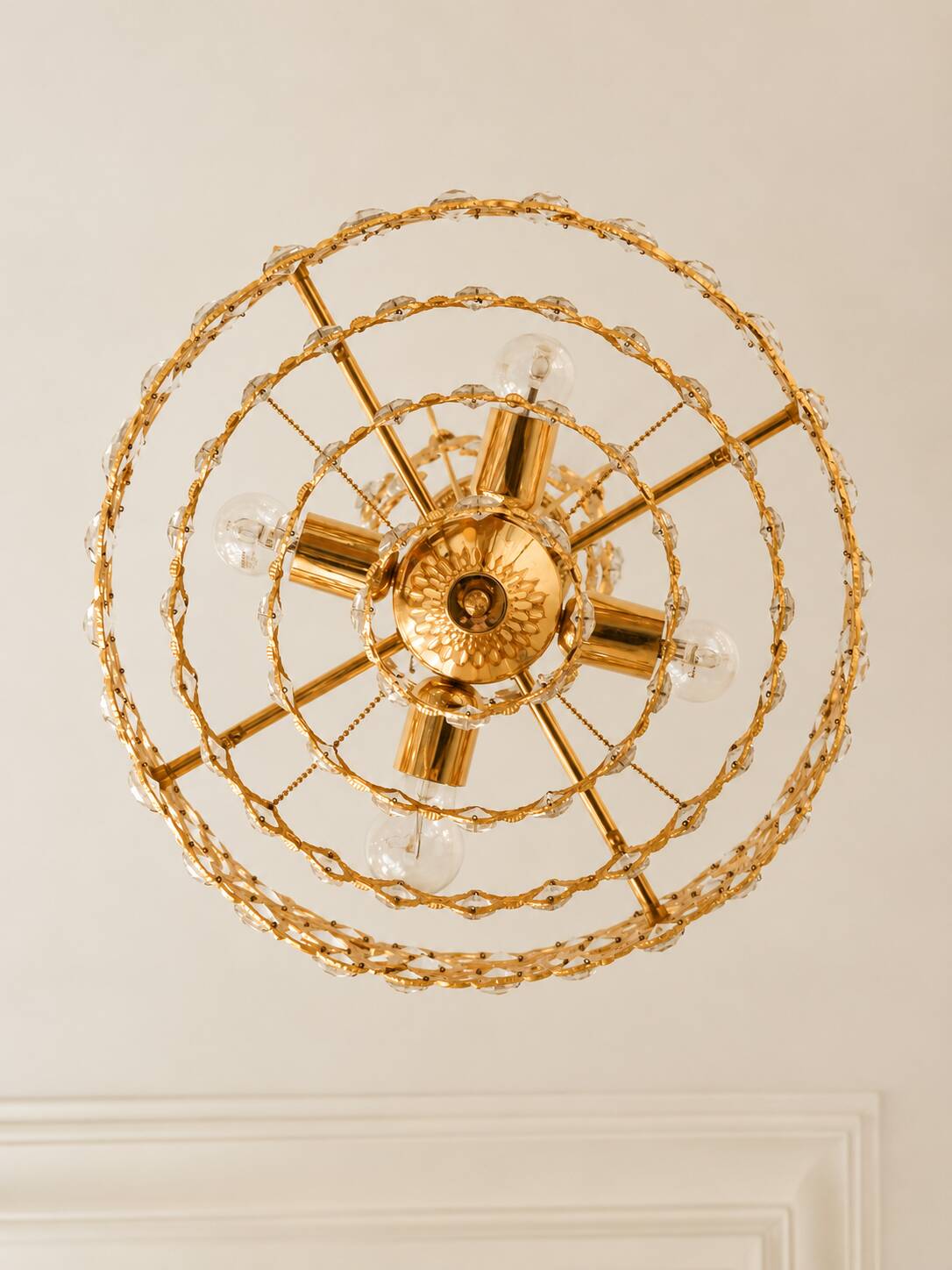 Brass and crystal chandelier plated with 24K gold PALWA, Germany, 1960s-70s.