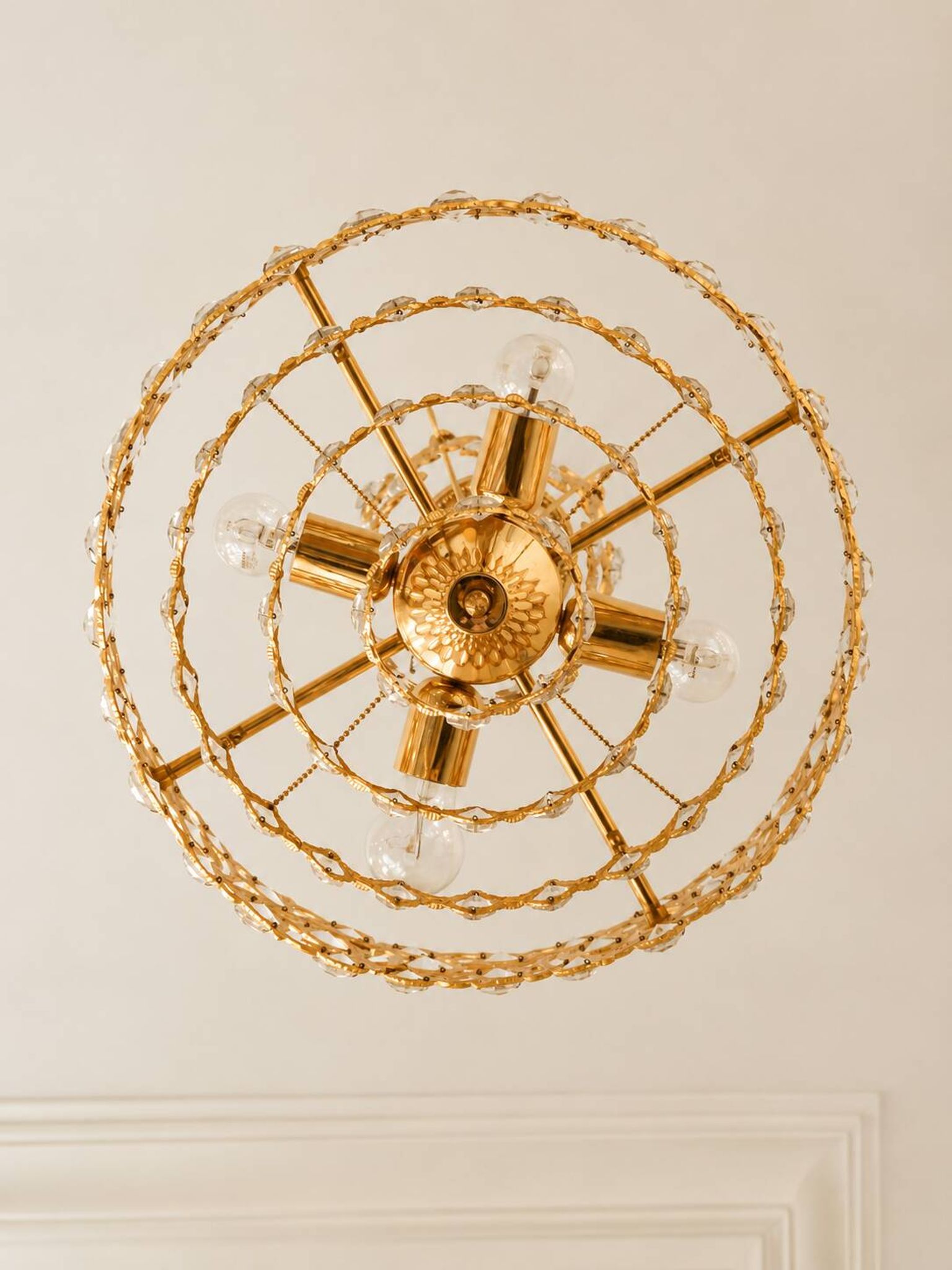 Brass and crystal chandelier plated with 24K gold PALWA, Germany, 1960s-70s.