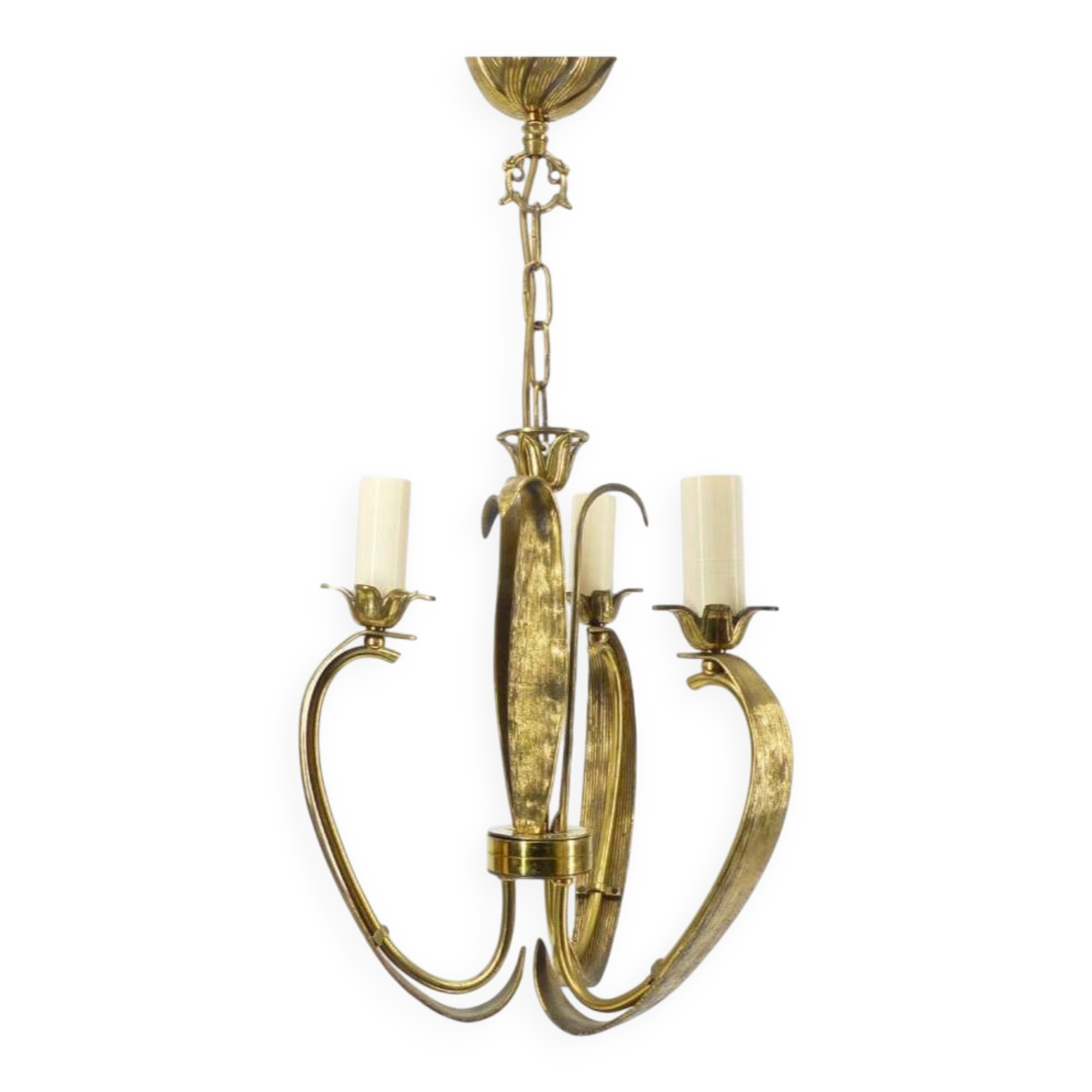 Lustre à 3 bras en laiton doré, motifs feuillages et volutes, style Art Déc