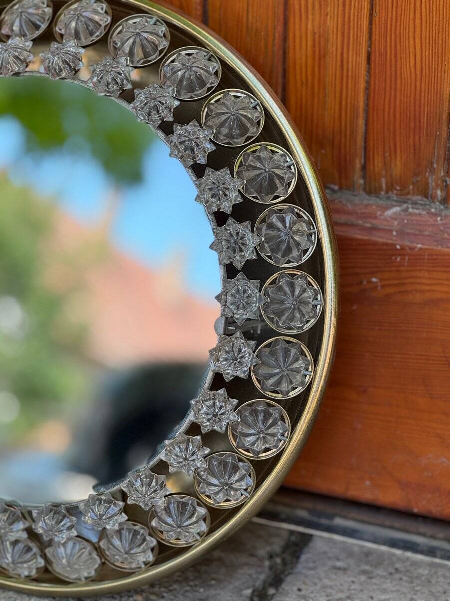 Vintage illuminated round wall mirror with crystal glass stars, 1960s