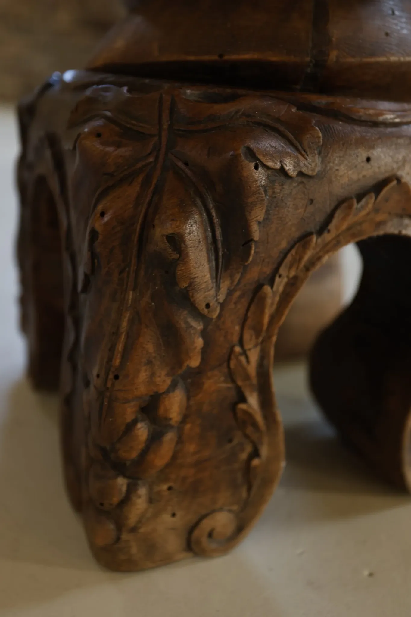 Antique French wooden plant stand with carved grape motifs