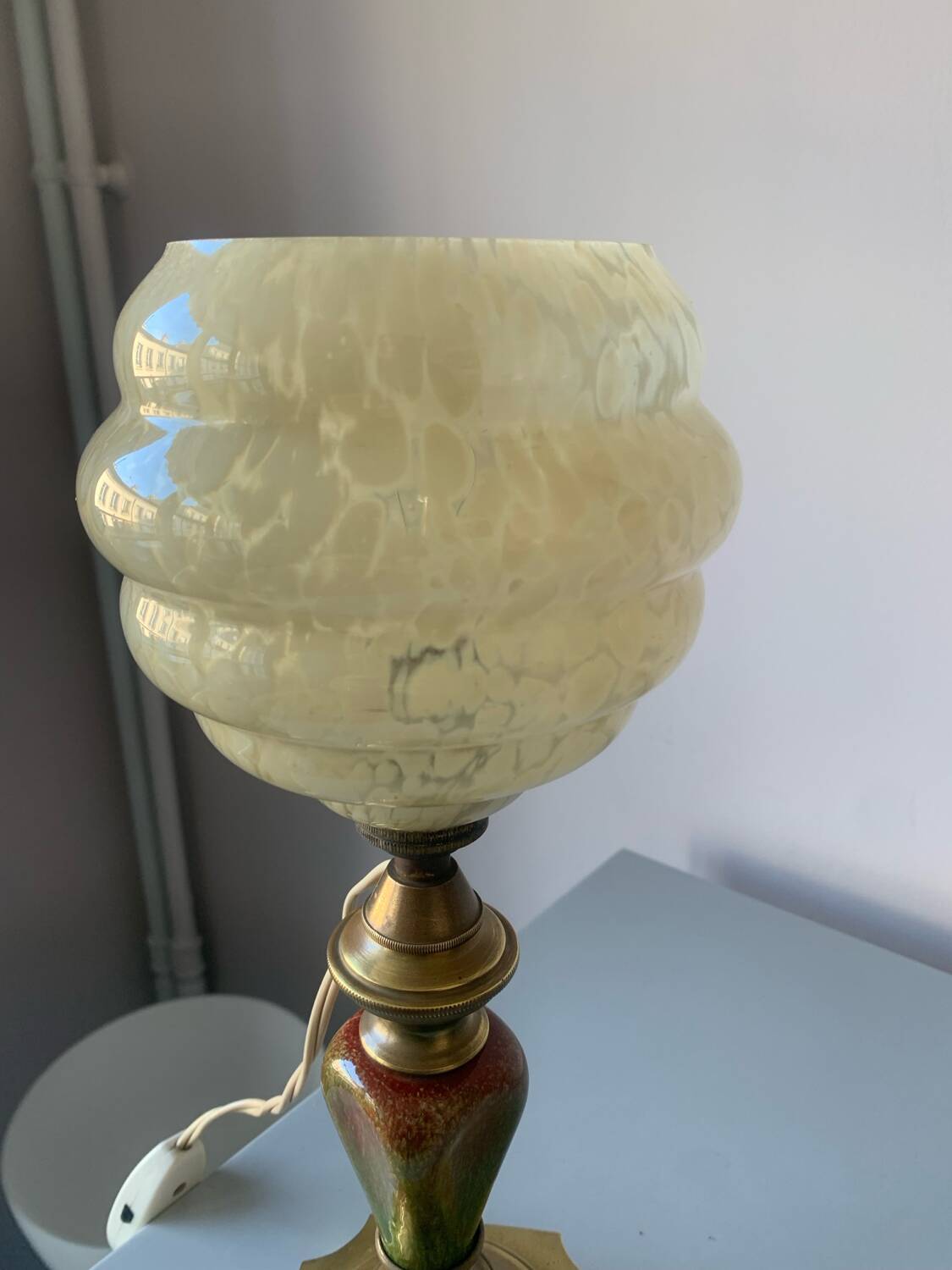 Old ceramic and brass lamp, Clichy glass globe