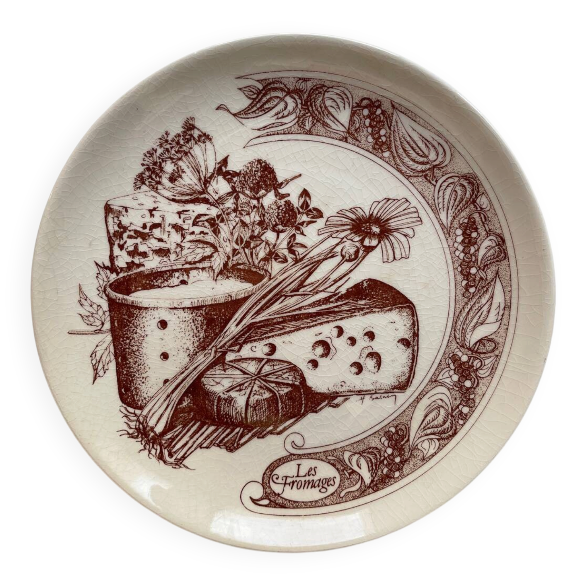 Vintage Cheese Plate Gien - Model "Les Fromages" - Craquelé Earthenware