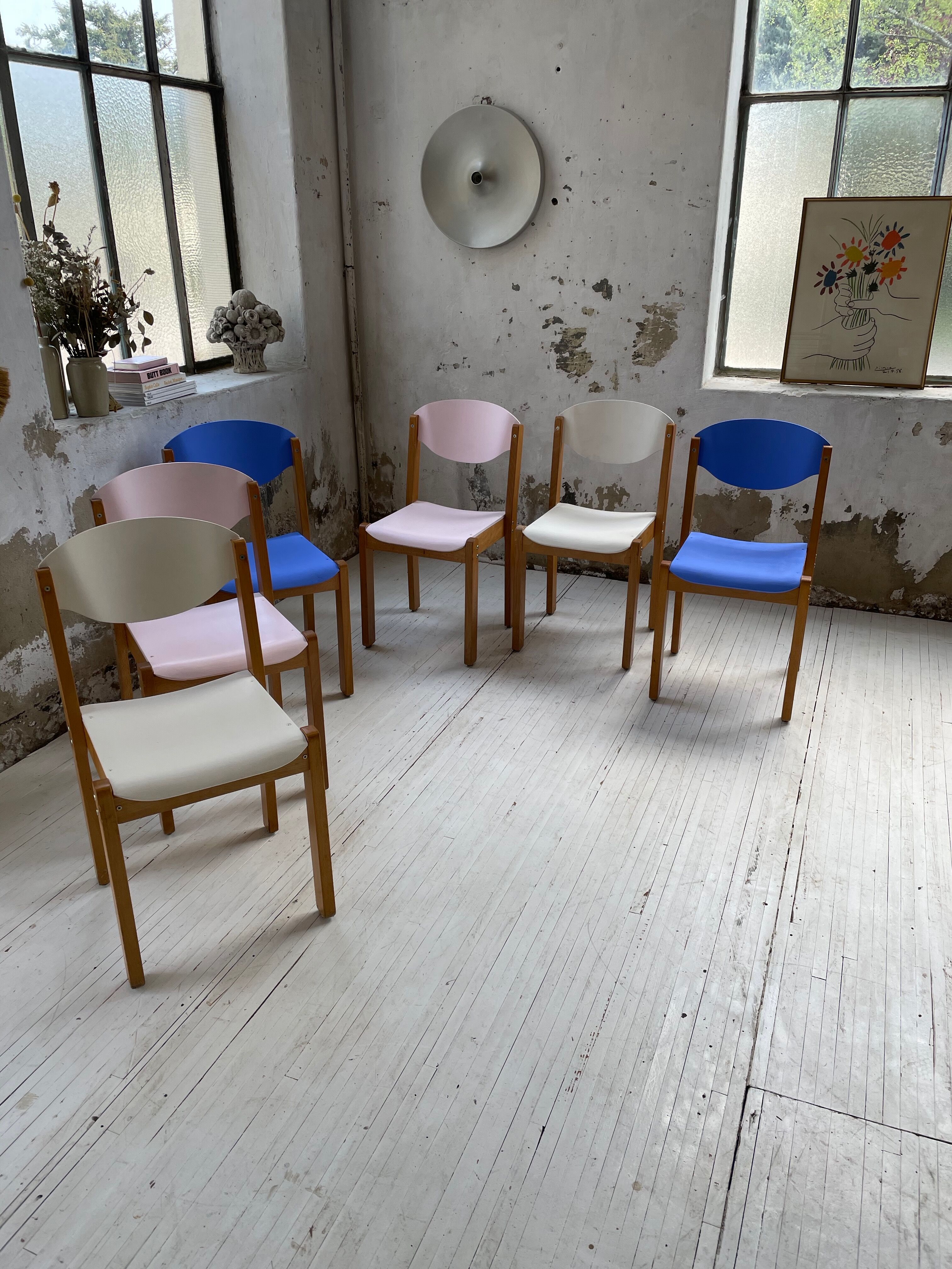 6 colorful 80s beech chairs