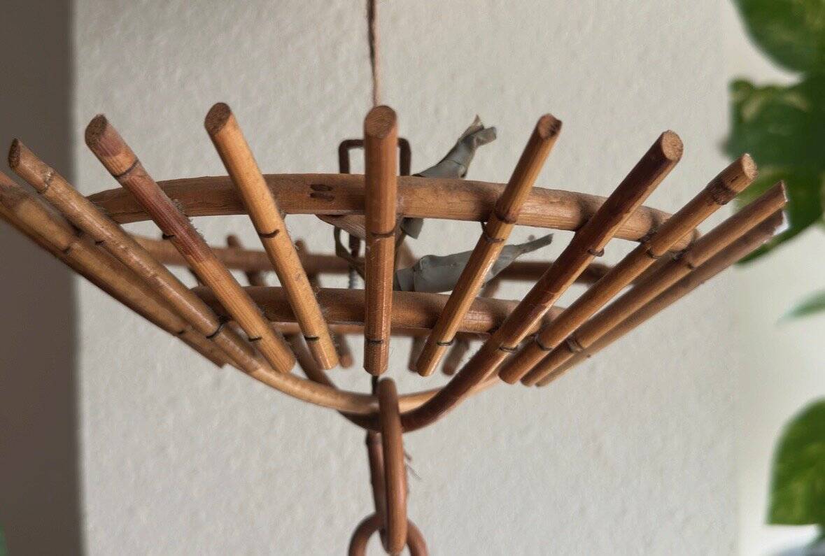Suspended lamp in bamboo and rattan with chinoiserie details by Louis Sognot, 1950.