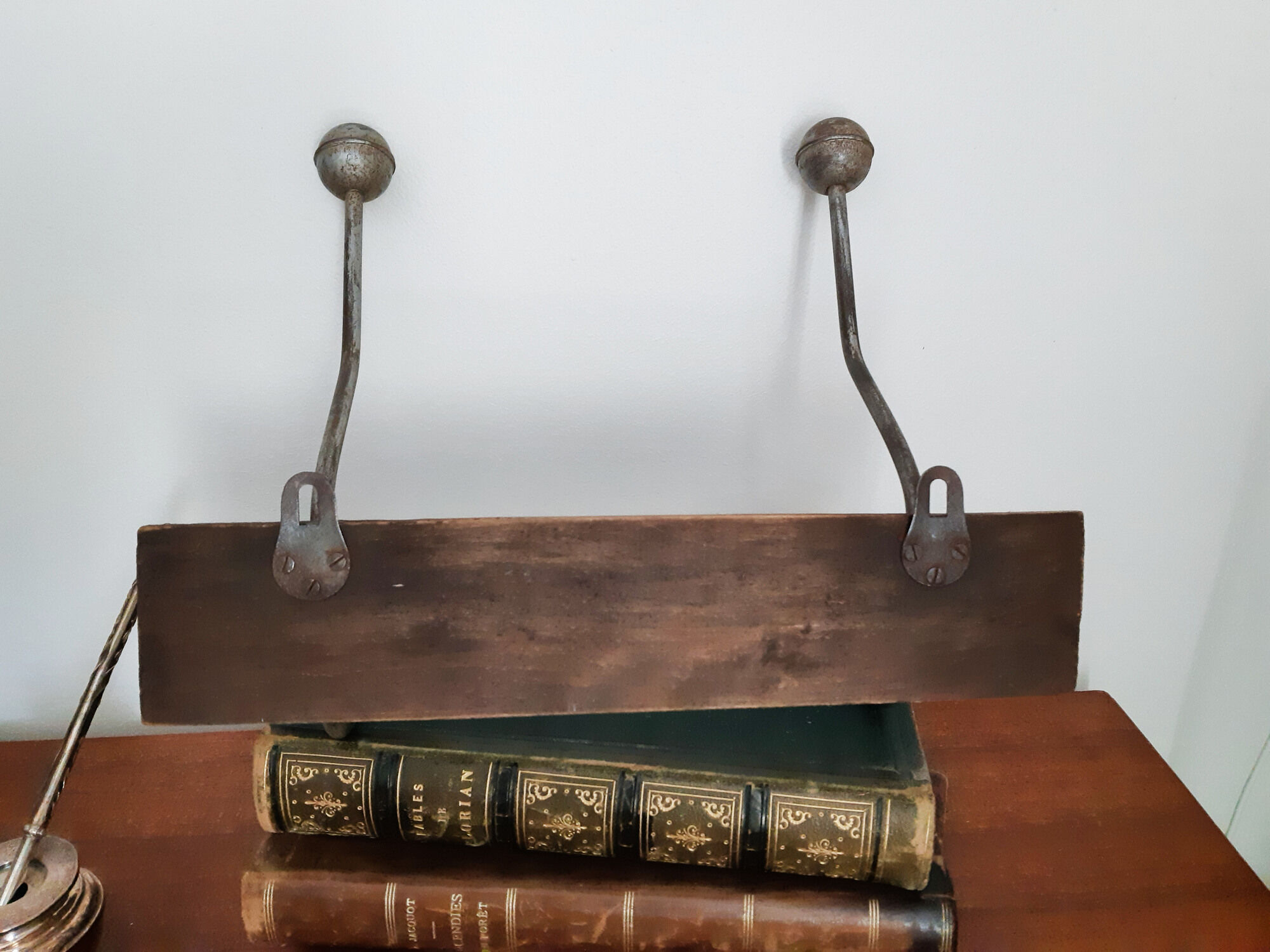 Coat rack in wood and iron 2 heads, vintage, 50s/60s, cloakroom, hook
