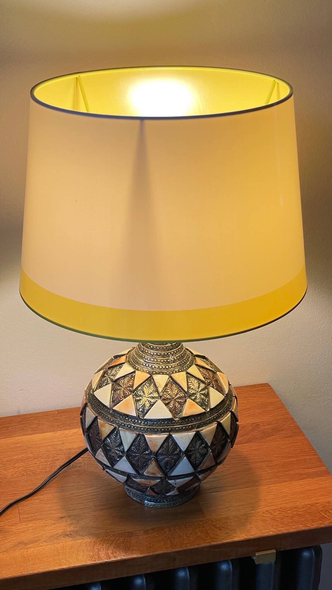 Vintage handcrafted lamp, pottery and silver-plated metal