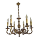 Lustre Art nouveau français en bronze à 6 lumières avec bras en volutes et détails en forme de feuilles