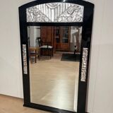 Art Deco Wall Mirror in Black Lacquer & Silver Leaf, France, 1930s