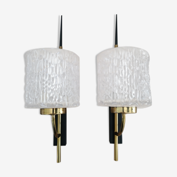 Pair of vintage Italian glass and brass sconces from the 1950s