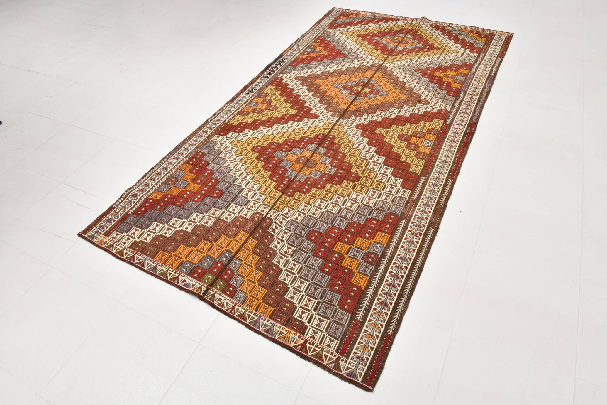 Deep Burgundy & Mustard Yellow Star Pattern Turkish Kilim Rug, 145x282 Cm
