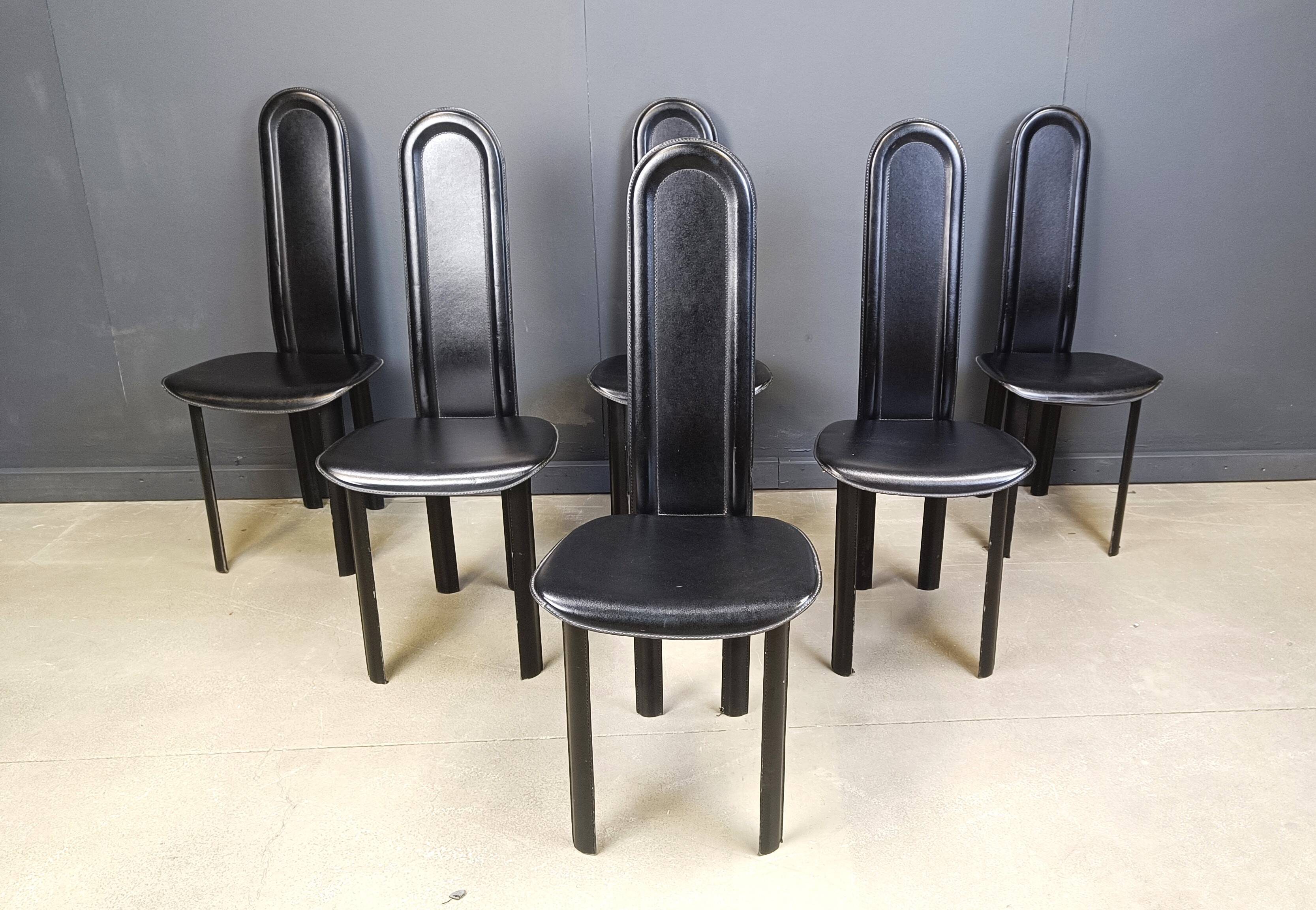 Set of 6 high back leather dining chairs, 1980s