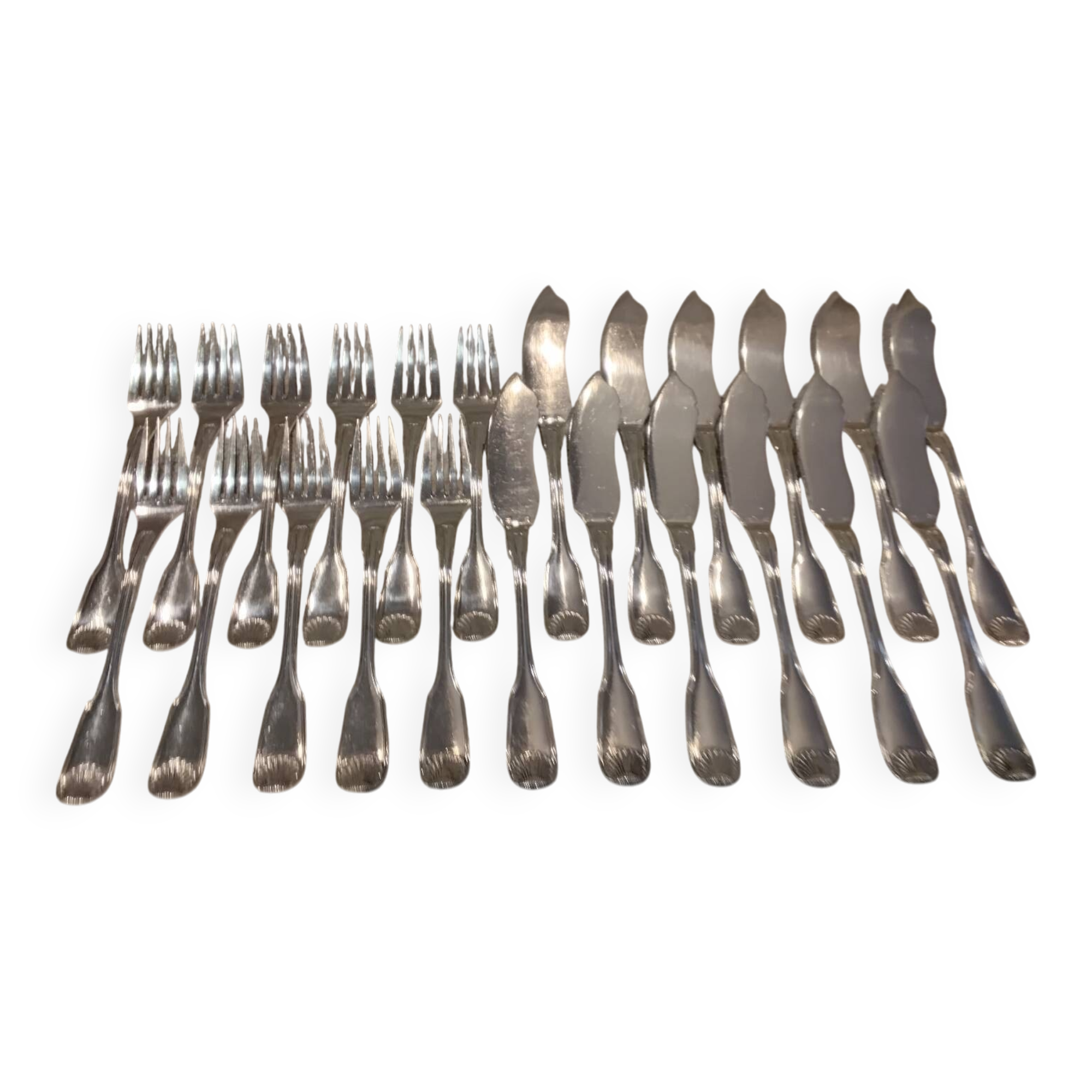 11 fish cutlery 23p silver plated metal goldsmith Cailar Bayard shell