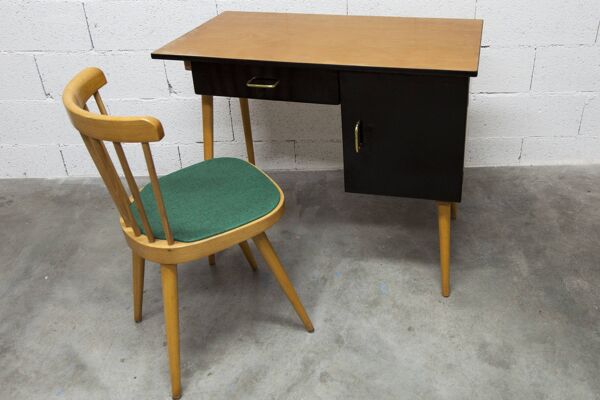 Bureau Baumann et sa chaise assortie 1960 formica bois et noir assise verte