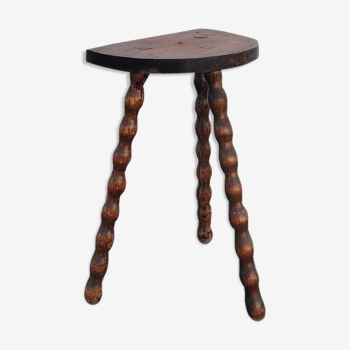 Pretty wooden stool with half moon seat and turned wooden tripod base