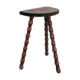 Pretty wooden stool with half moon seat and turned wooden tripod base