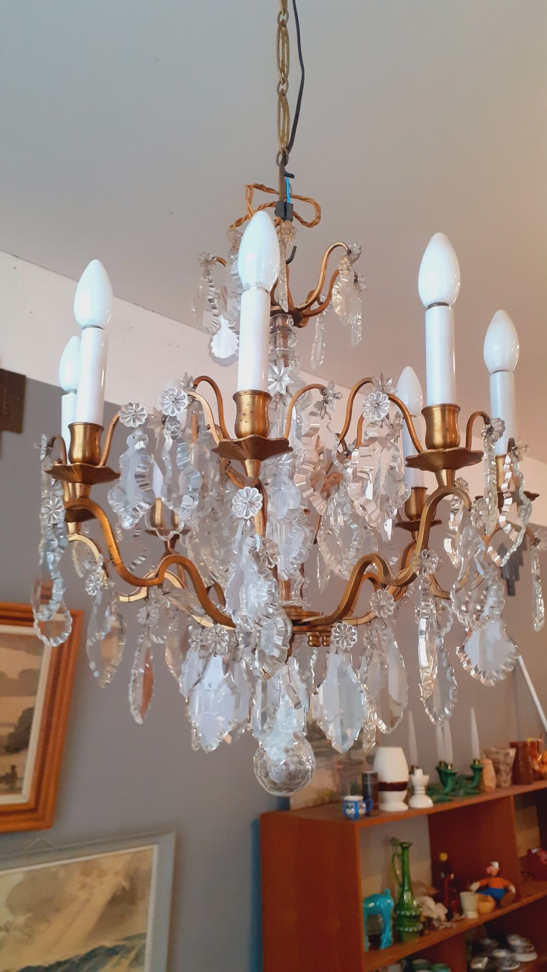 Chandelier cage with grapevines 8 lights Louis XV style in bronze and crystal around 1900