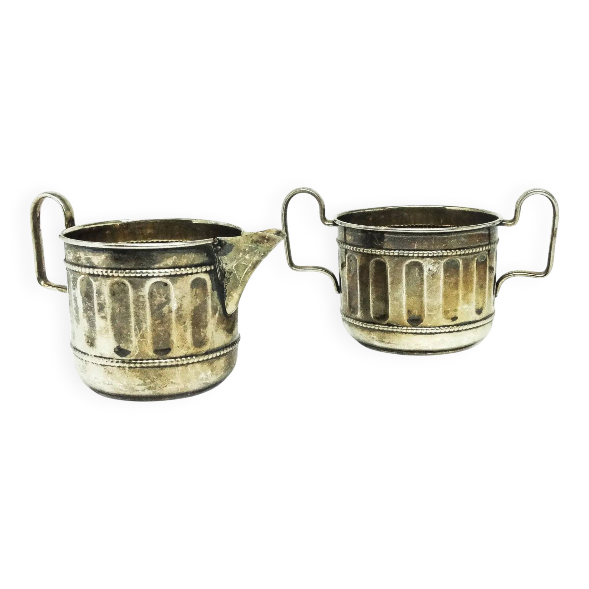 Set of sugar bowl and milk jug, neoclassicism with art deco influences, silver-plated brass, Belgium, 1930s.