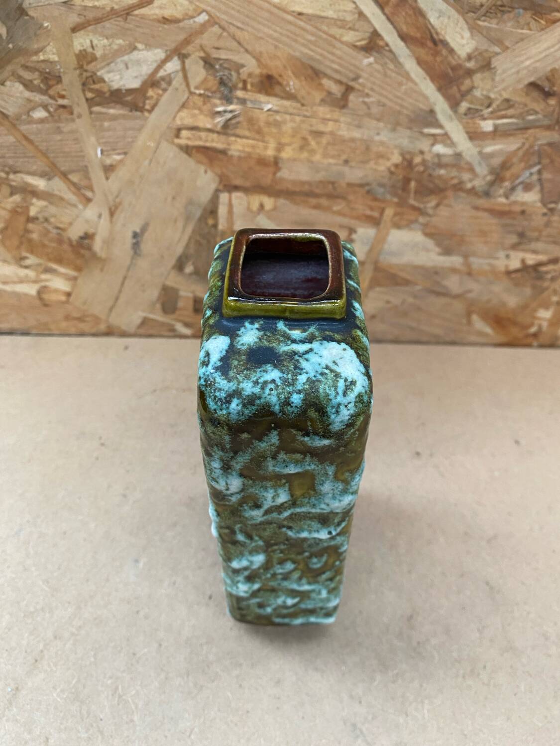 Ancien vase marei forme rectangle fat lava vert & blanc vintage