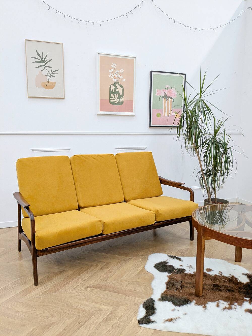 Canapé scandinave retapissé vintage teck